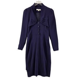 Reiss Midi Sheath Dress Womens 6 Navy Blue Puffed Long Sleeves Wedding Guest